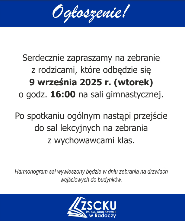 Ogłoszenie o zebraniu z rodzicami